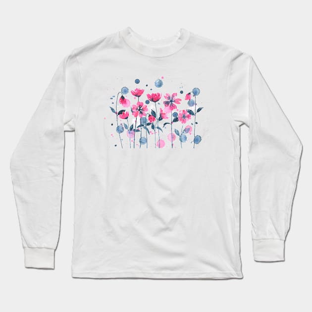 Garden of pink flowers painted with watercolors Long Sleeve T-Shirt by cesartorresart